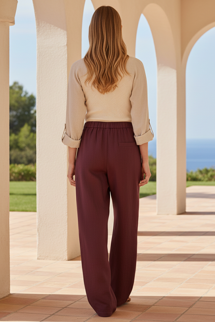 Pantalon En Lin Bordeaux Ample Décontracté Fluide Été - vue 2