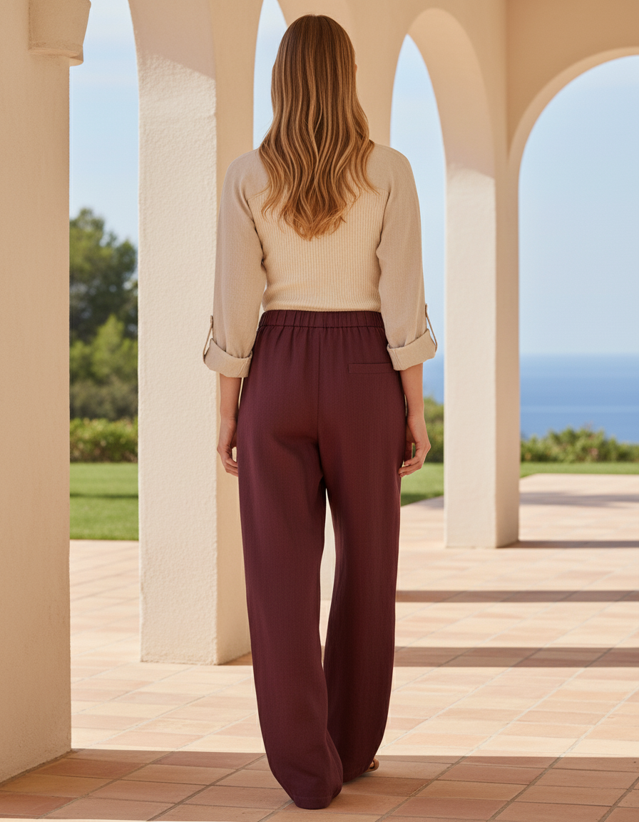 Pantalon En Lin Bordeaux Ample Décontracté Fluide Été - vue 2
