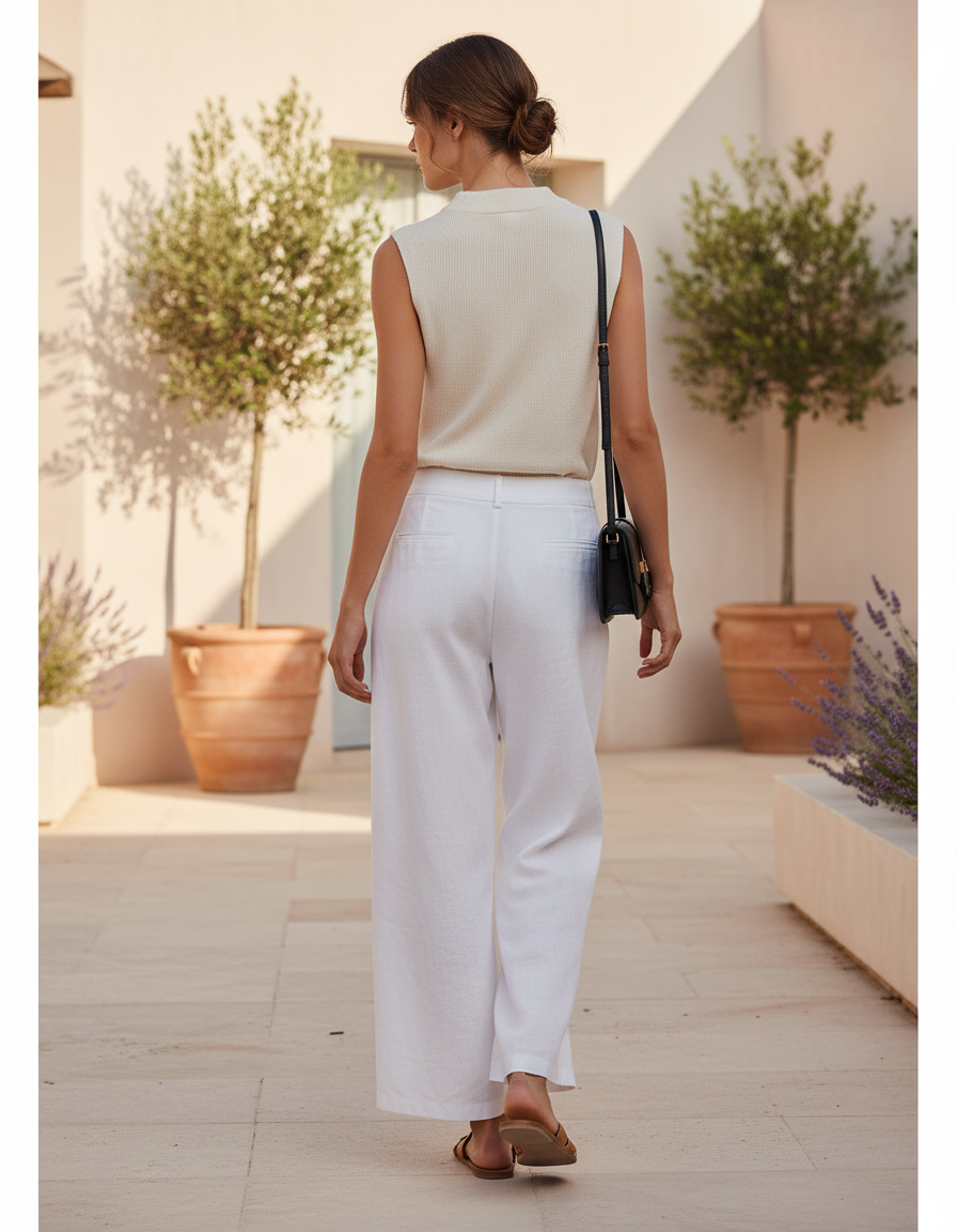 Pantalon En Lin Blanc Ample Décontracté Fluide - vue 2