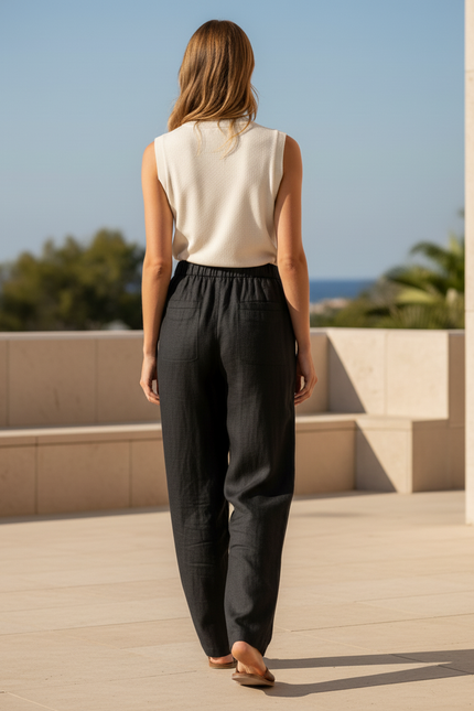 Pantalon En Lin Noir Ample Élastiqué Décontracté Fluide Femme - vue 2