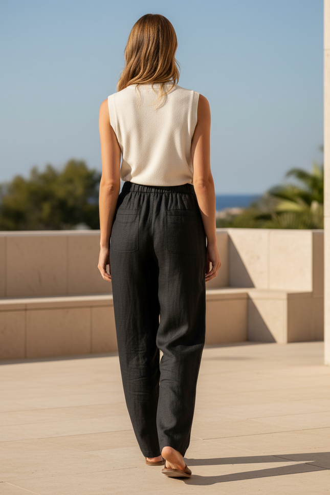 Pantalon En Lin Noir Ample Élastiqué Décontracté Fluide Femme - vue 2