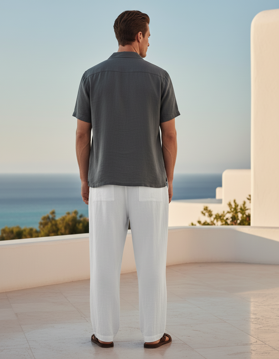 Pantalon En Lin Blanc Ample Cordon Décontracté Homme - vue 2