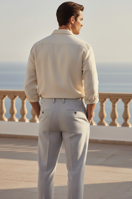 Pantalon En Lin Gris Plissé Droit Élégant Homme - vue 2