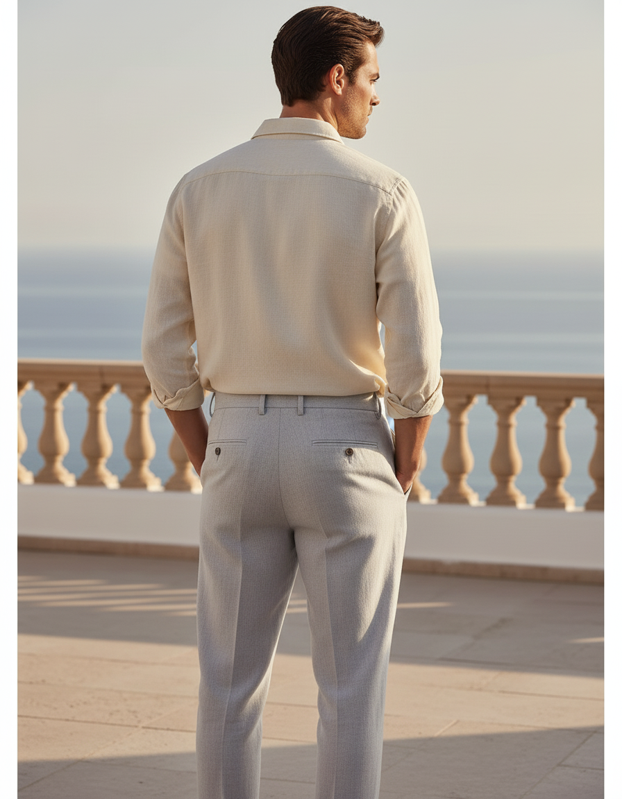 Pantalon En Lin Gris Plissé Droit Élégant Homme - vue 2