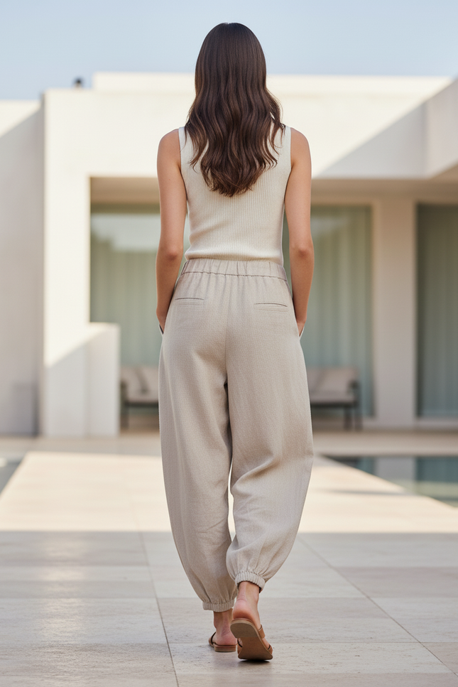 Pantalon En Lin Beige Ample Taille Élastique Harem - vue 2