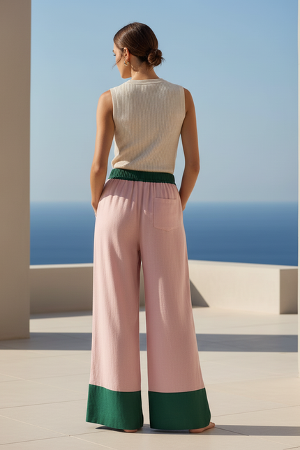 Pantalon En Lin Rose Vert Ample Décontracté Femme - vue 2