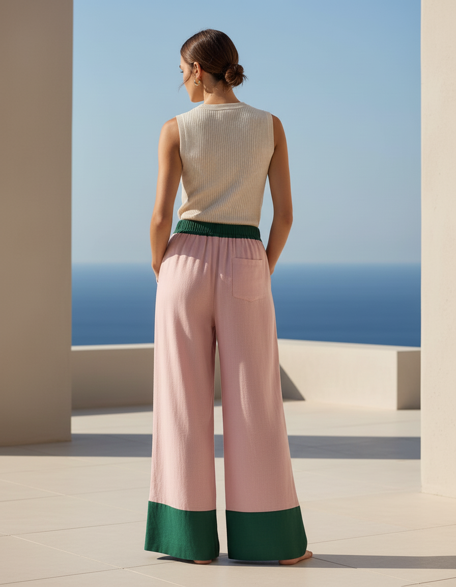 Pantalon En Lin Rose Vert Ample Décontracté Femme - vue 2