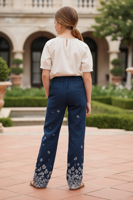 Pantalon En Lin Bleu Marine Ample Imprimé Floral - vue 2