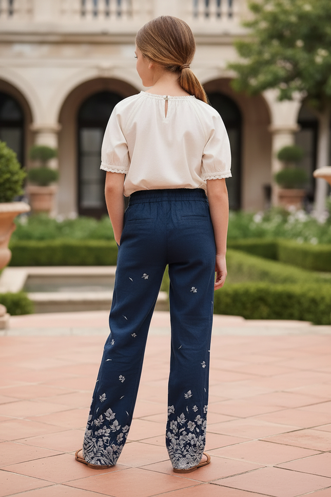 Pantalon En Lin Bleu Marine Ample Imprimé Floral - vue 2