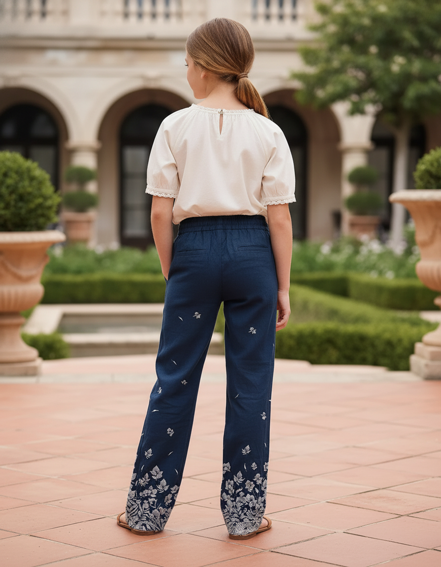 Pantalon En Lin Bleu Marine Ample Imprimé Floral - vue 2