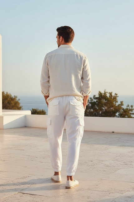 Pantalon En Lin Blanc Cargo Décontracté Cordon - vue 2