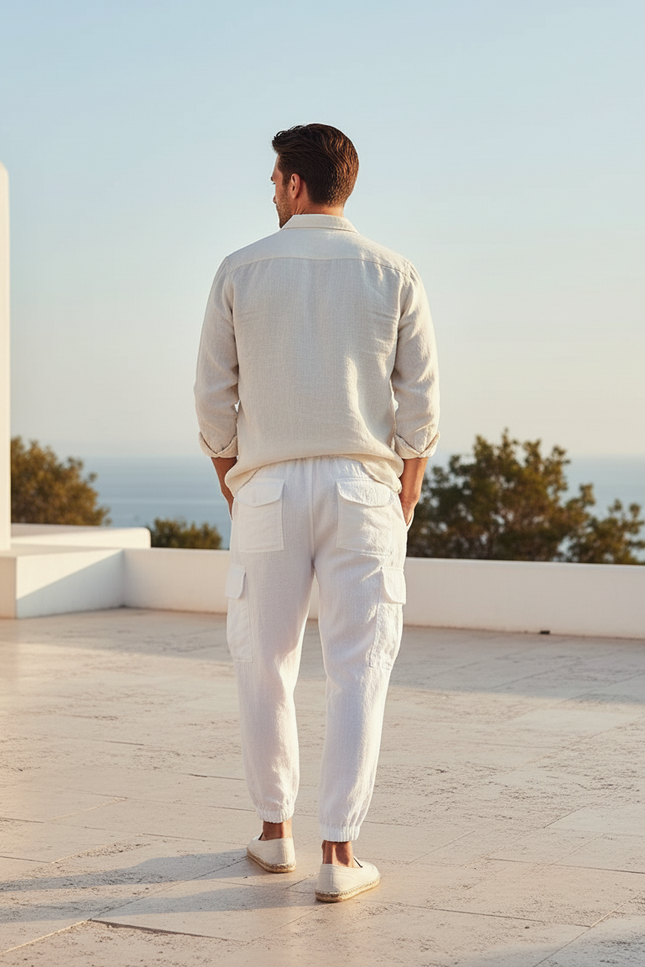 Pantalon En Lin Blanc Cargo Décontracté Cordon - vue 2
