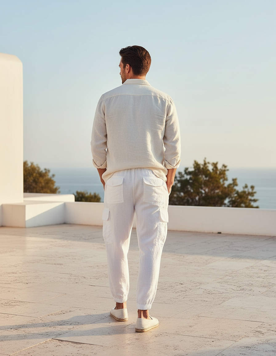 Pantalon En Lin Blanc Cargo Décontracté Cordon - vue 2