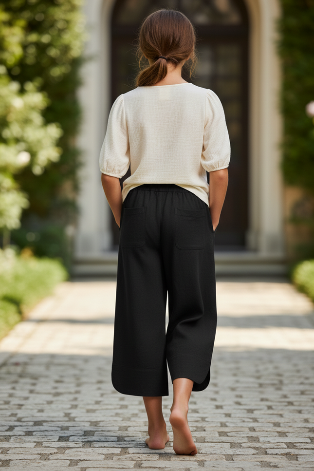 Pantalon En Lin Noir Ample Décontracté Court Fille - vue 2