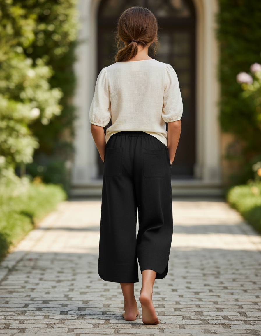 Pantalon En Lin Noir Ample Décontracté Court Fille - vue 2