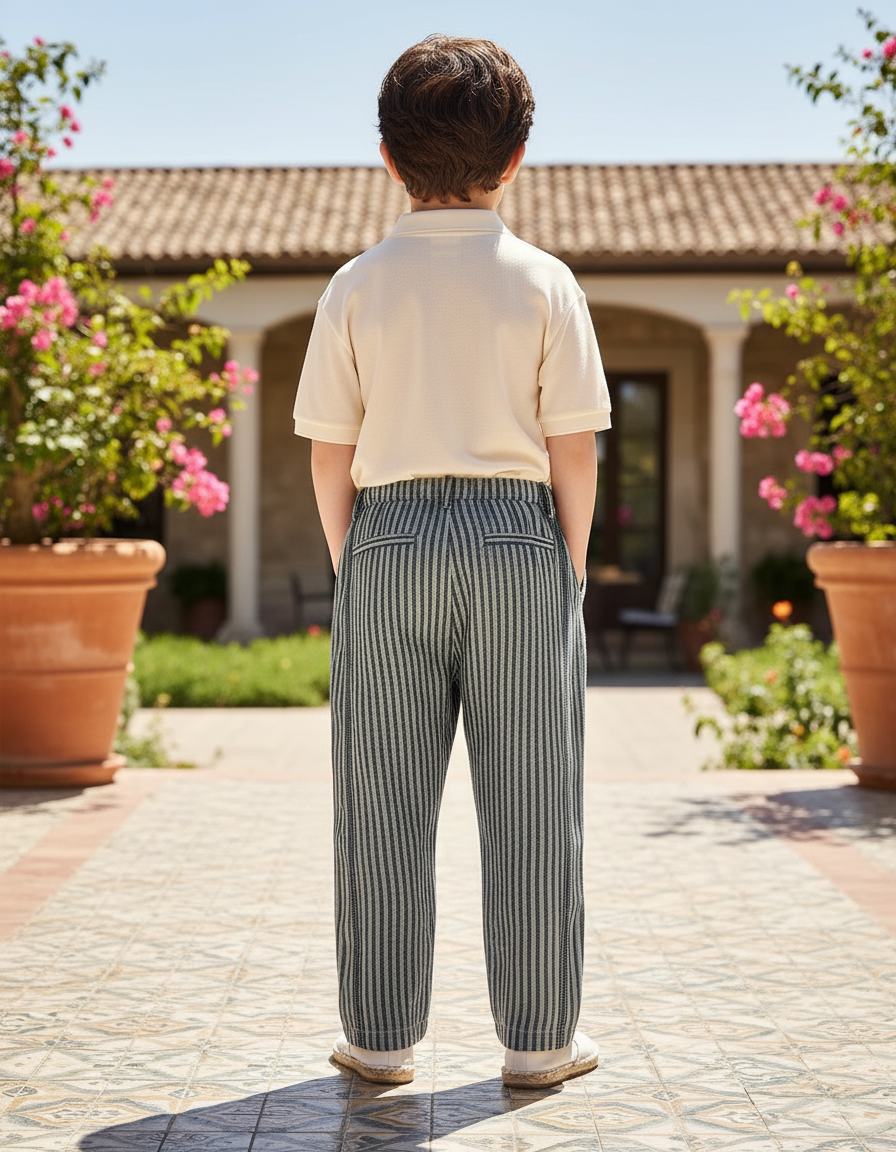 Pantalon En Lin Rayé Ample Décontracté Enfant - Gris - vue 2