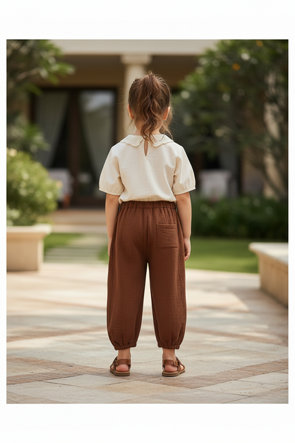 Pantalon En Lin Ample Marron Fille Décontracté Coton - vue 2
