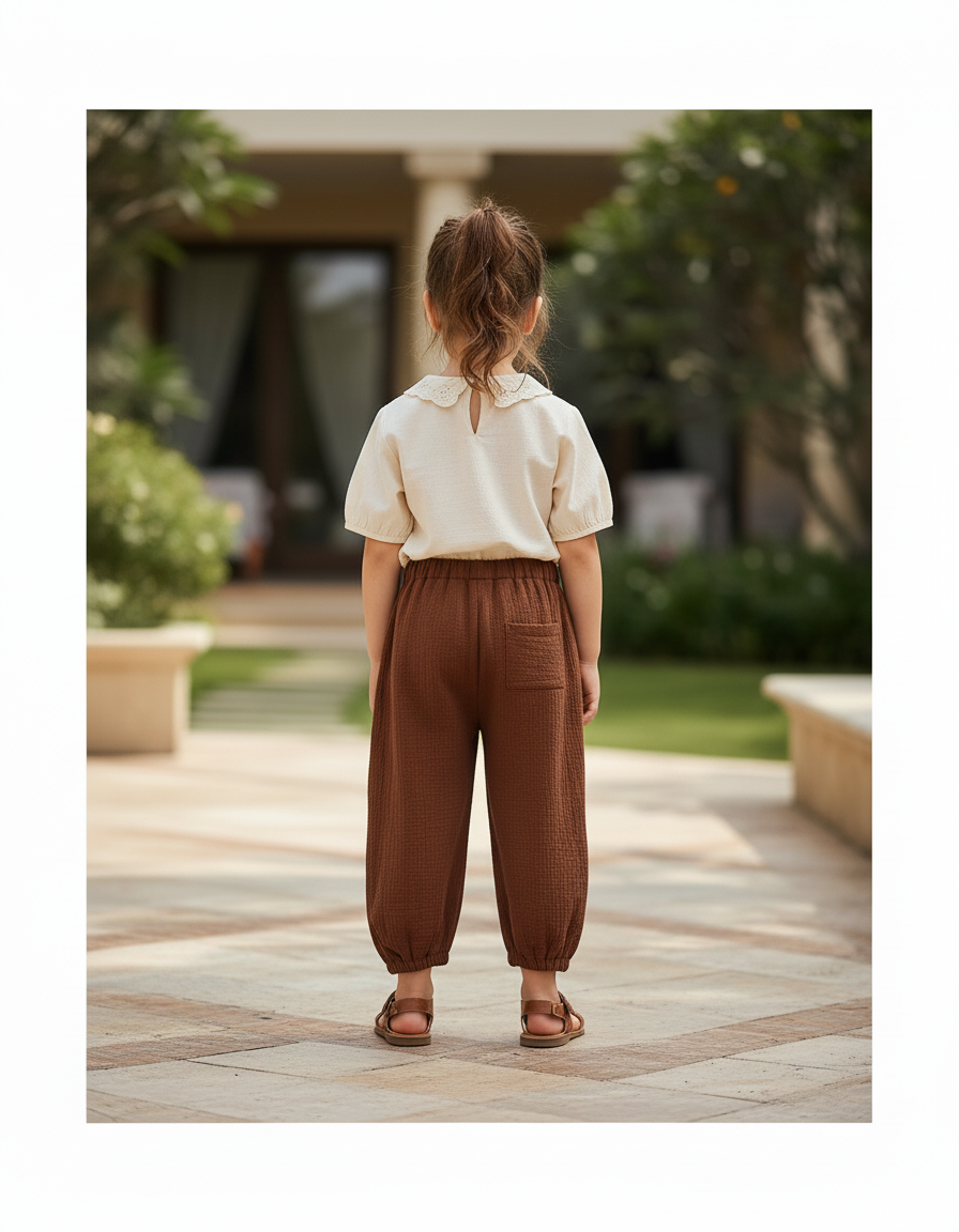 Pantalon En Lin Ample Marron Fille Décontracté Coton - vue 2