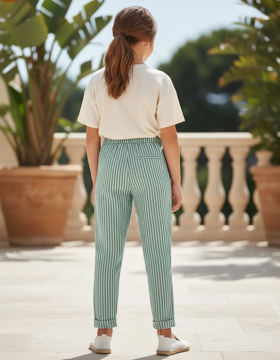 Pantalon En Lin Vert Rayé Ample Fille Décontracté - vue 2