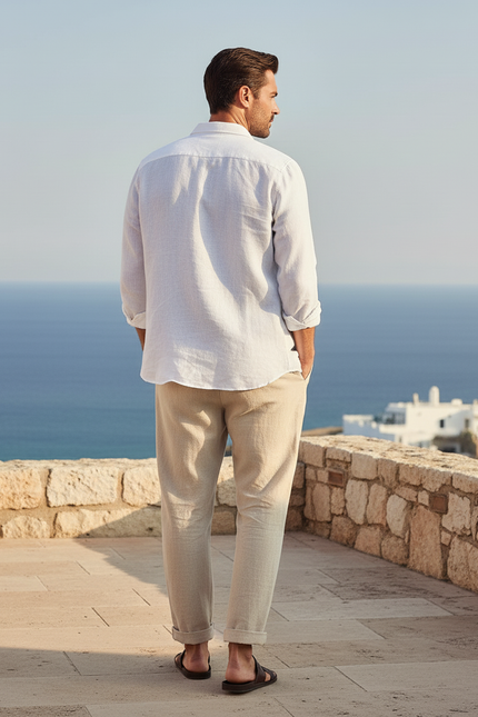 Pantalon En Lin Beige Homme Décontracté Ample Cordon - vue 2