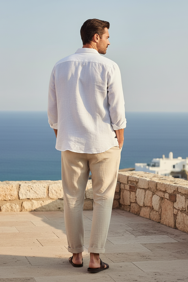 Pantalon En Lin Beige Homme Décontracté Ample Cordon - vue 2