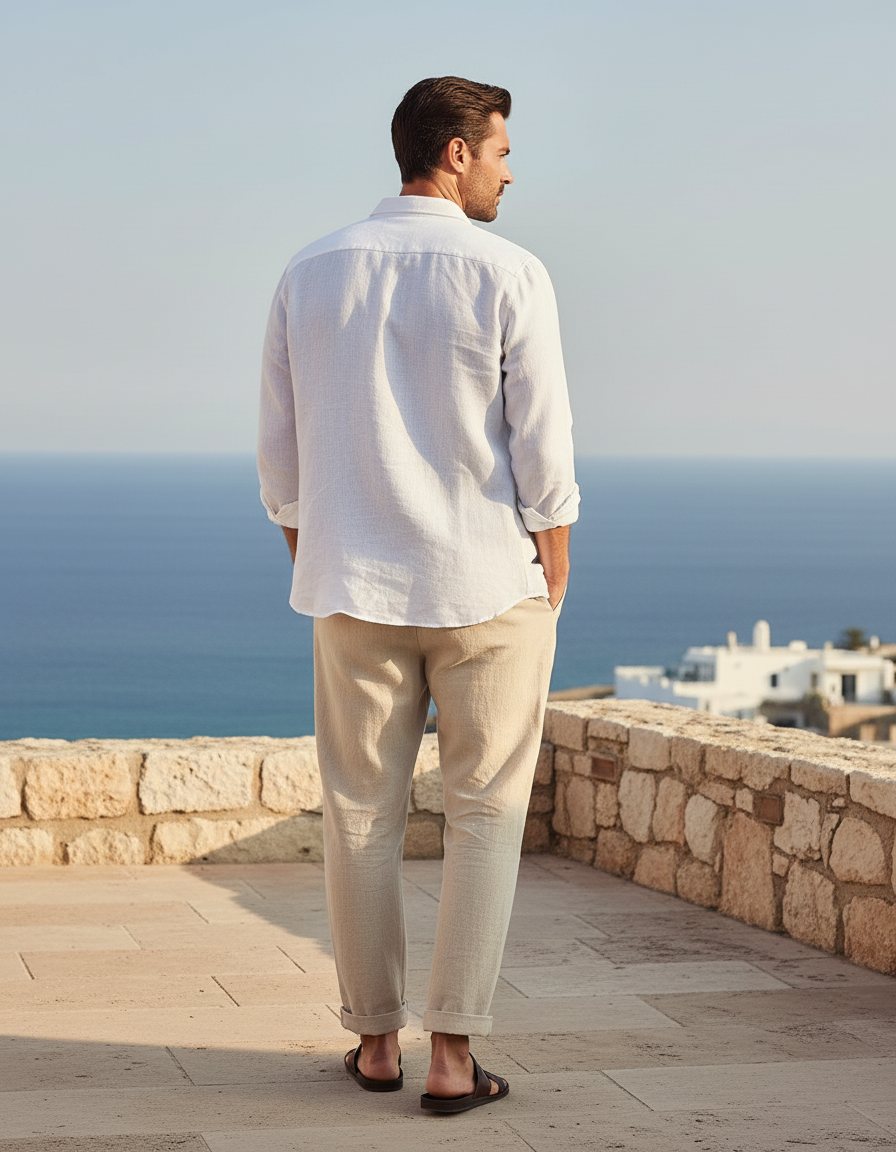 Pantalon En Lin Beige Homme Décontracté Ample Cordon - vue 2