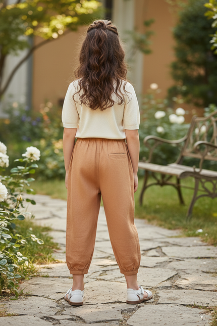 Pantalon En Lin Marron Ample Enfant Élastique Confortable - vue 2