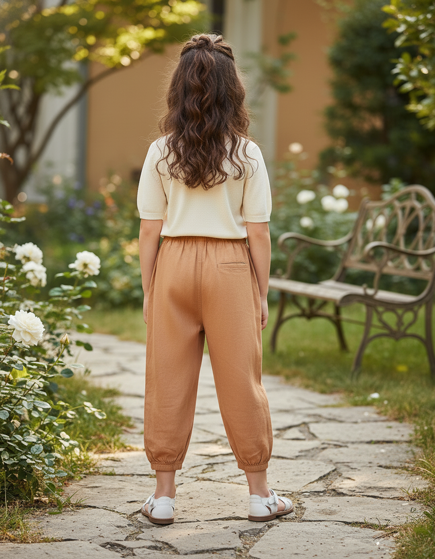 Pantalon En Lin Marron Ample Enfant Élastique Confortable - vue 2