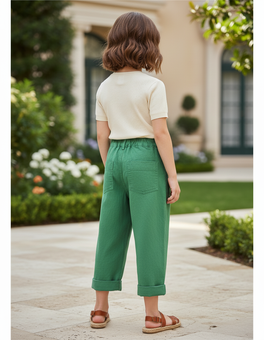 Pantalon En Lin Vert Ample Élastiqué Décontracté Fille - vue 2
