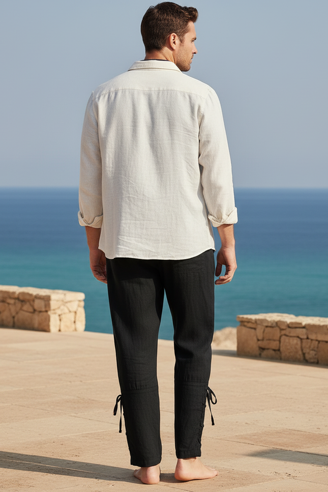 Pantalon En Lin Noir Ample Cordon Chevilles Liens Homme - vue 2