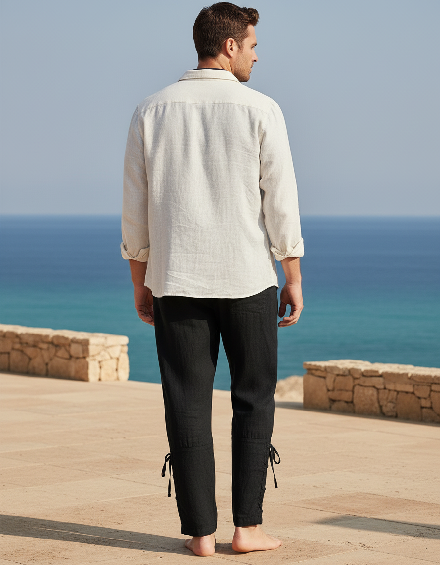 Pantalon En Lin Noir Ample Cordon Chevilles Liens Homme - vue 2