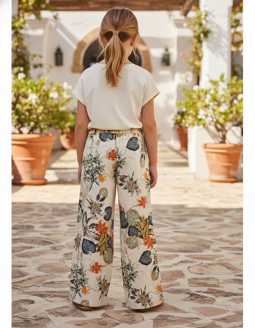 Pantalon En Lin Imprimé Floral Ample Décontracté Fille - vue 2