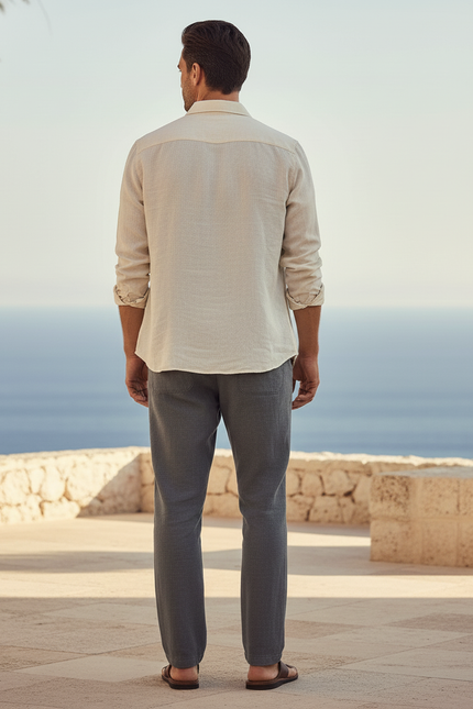 Pantalon En Lin Homme Droit Décontracté Cordon Gris - vue 2