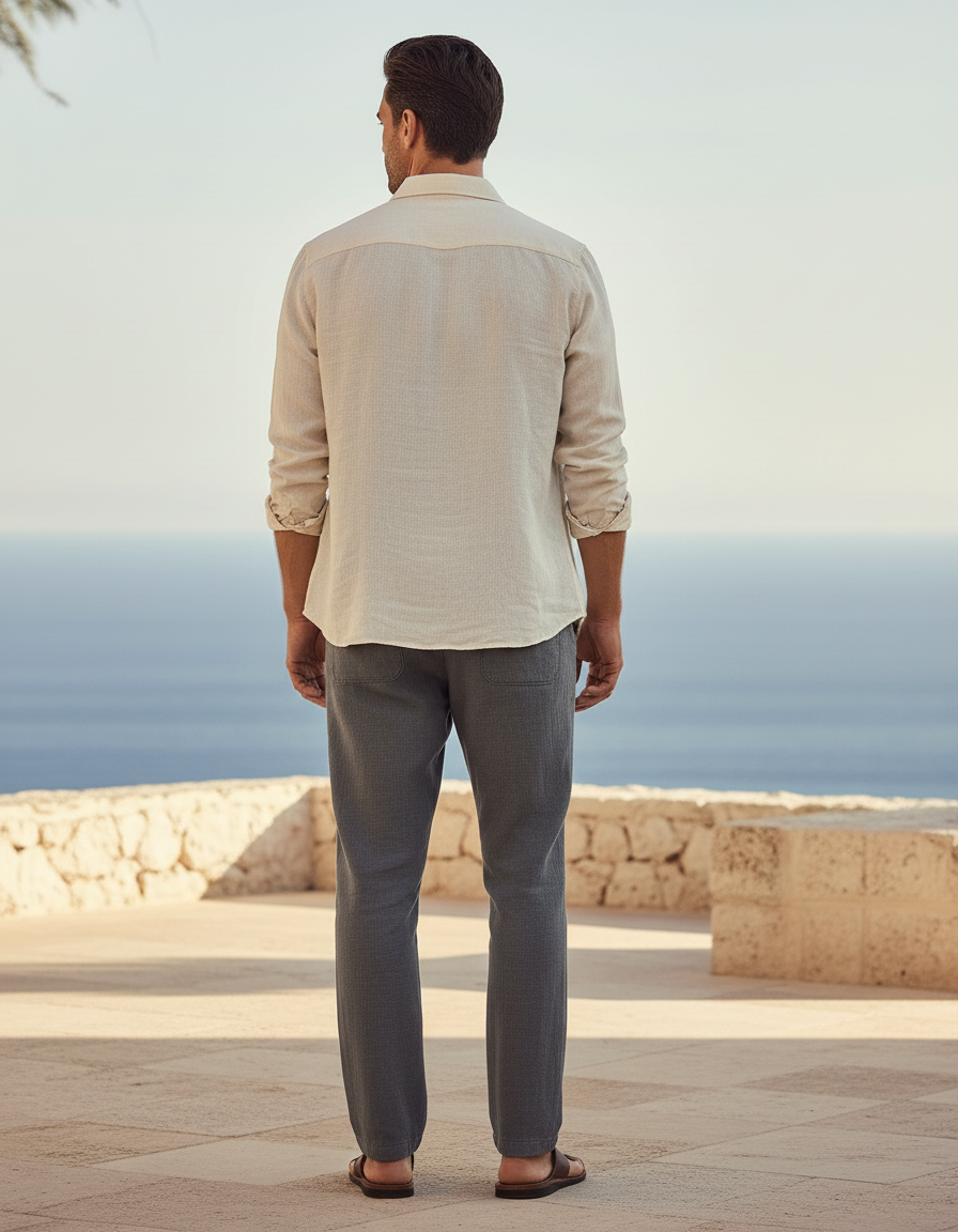 Pantalon En Lin Homme Droit Décontracté Cordon Gris - vue 2