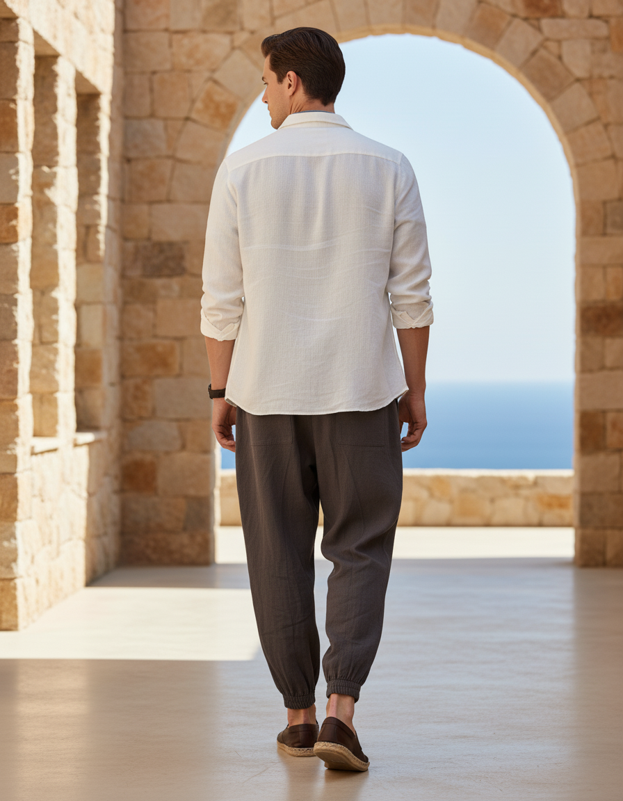 Pantalon En Lin Homme Ample Décontracté Sarouel Cordon - Gris - vue 2