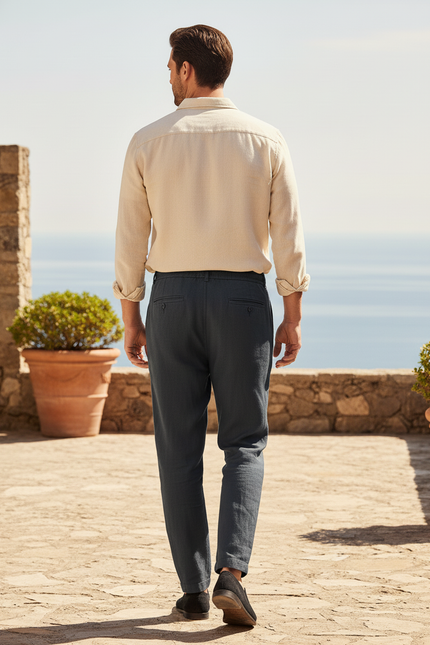 Pantalon Droit En Lin - Marine - vue 2