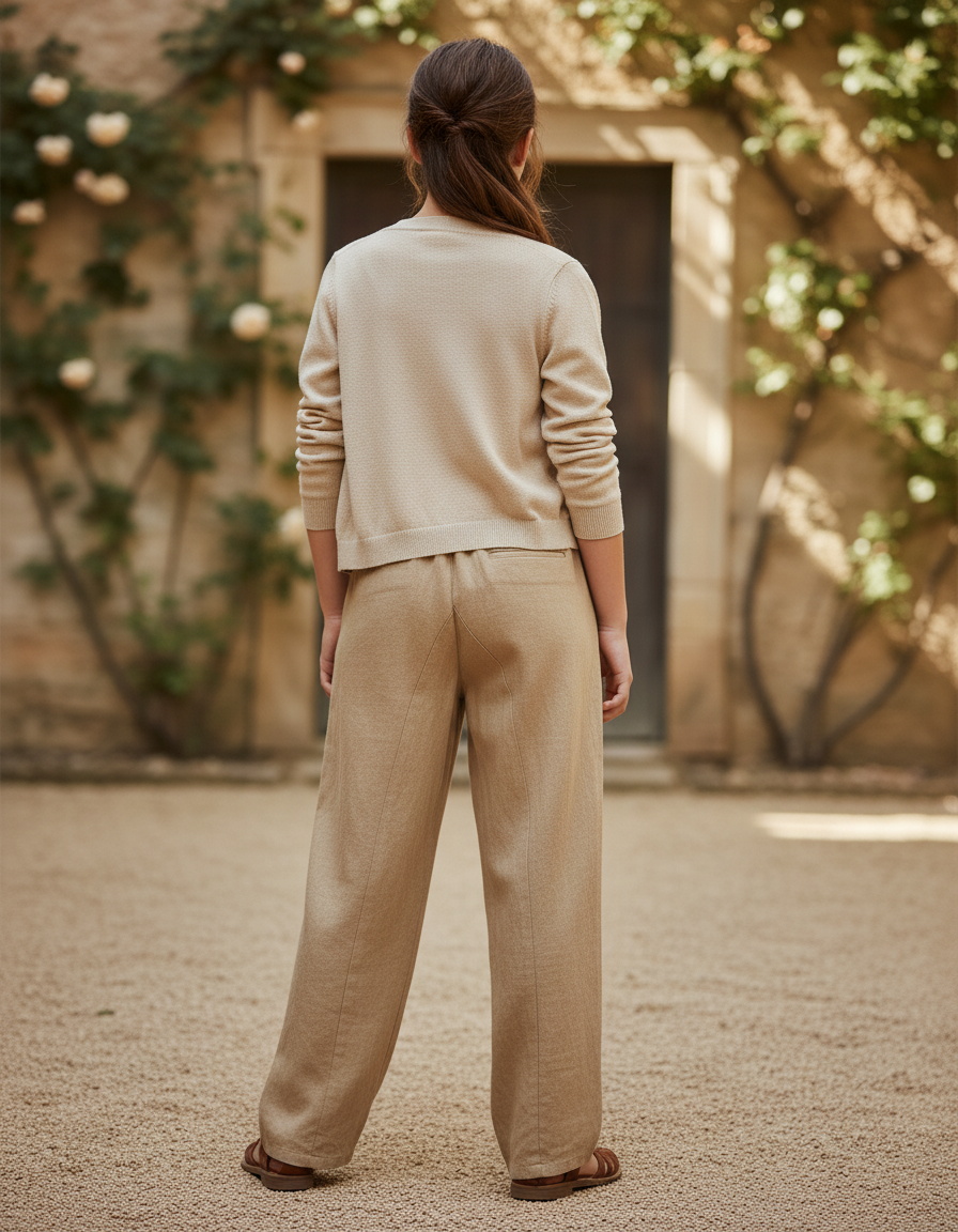 Pantalon En Lin Beige Ample Plissé Cordon Enfant - vue 2