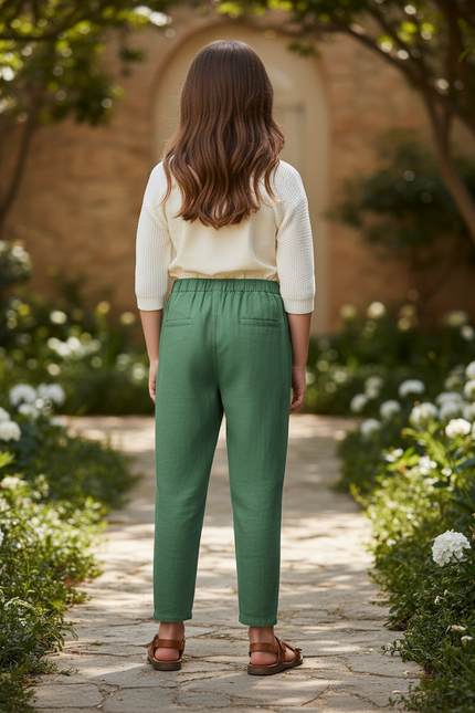 Pantalon En Lin Vert Fille Ample Décontracté Fluide - vue 2
