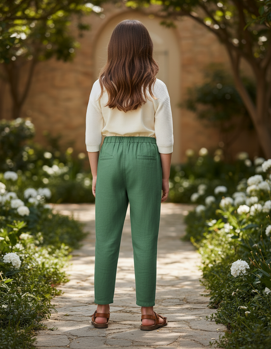 Pantalon En Lin Vert Fille Ample Décontracté Fluide - vue 2