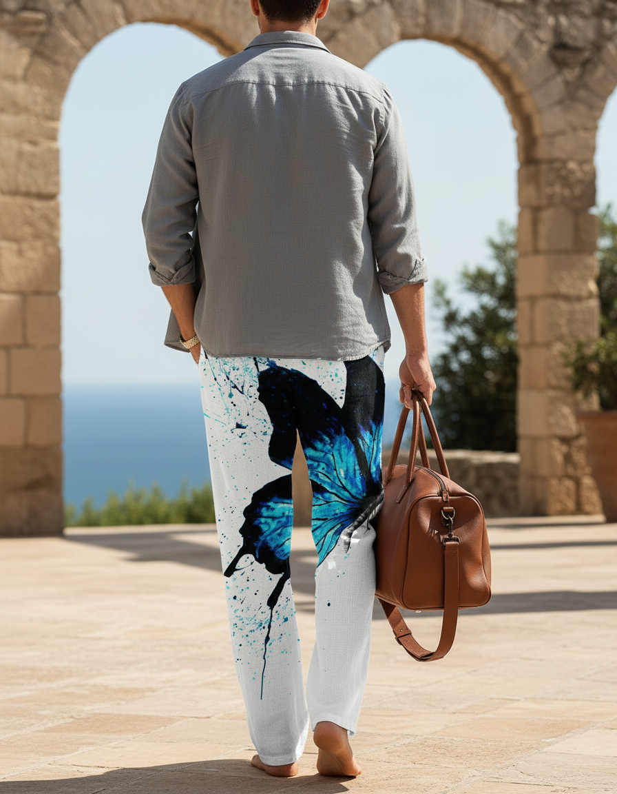Pantalon En Lin Blanc Imprimé Papillon Bleu Ample Décontracté Homme - vue 2