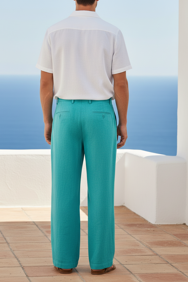 Pantalon En Lin Turquoise Ample Décontracté Plissé Homme - Vert - vue 2