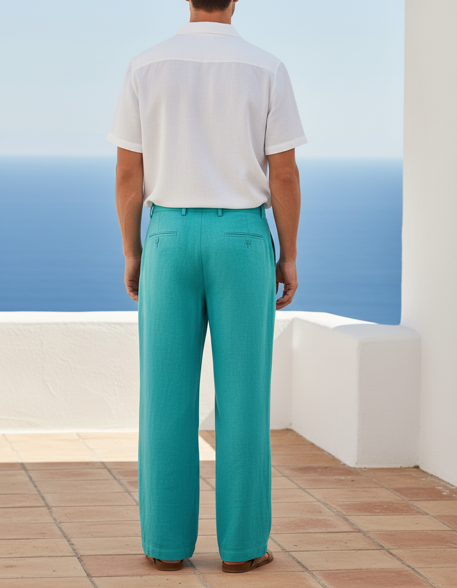 Pantalon En Lin Turquoise Ample Décontracté Plissé Homme - Vert - vue 2