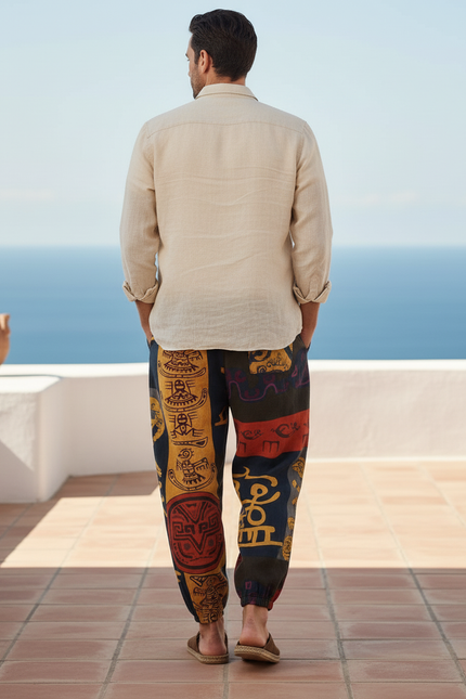 Pantalon En Lin Ethnique Imprimé Ample Décontracté Homme - Multicolore - vue 2
