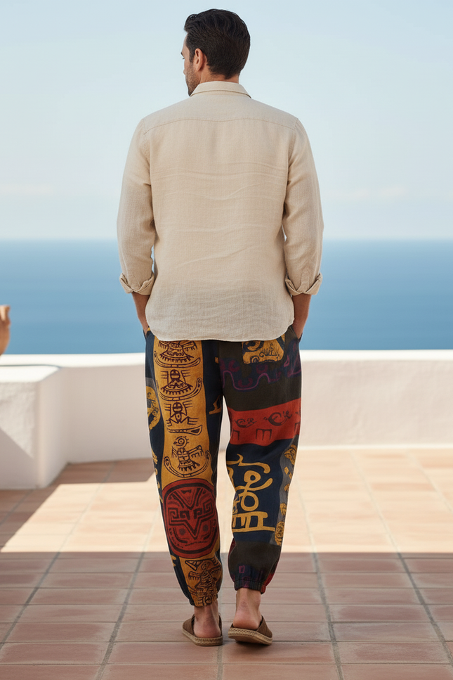 Pantalon En Lin Ethnique Imprimé Ample Décontracté Homme - Multicolore - vue 2
