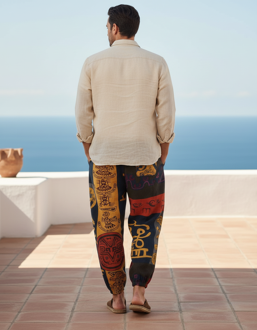 Pantalon En Lin Ethnique Imprimé Ample Décontracté Homme - Multicolore - vue 2