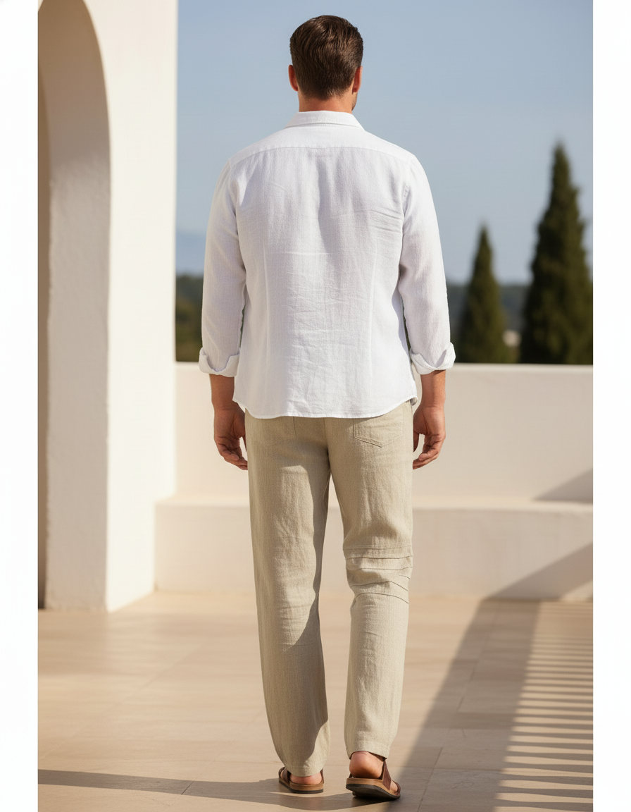 Pantalon En Lin Homme Beige Ample Décontracté Cordon - vue 2