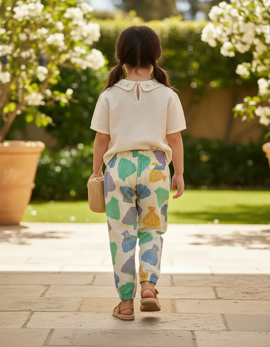 Pantalon En Lin Écru Imprimé Coquillages Ample Enfant - vue 2