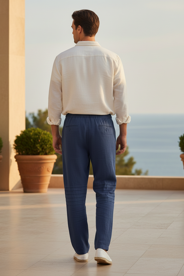 Pantalon En Lin Bleu Marine Ample Cordon Plissé - vue 2