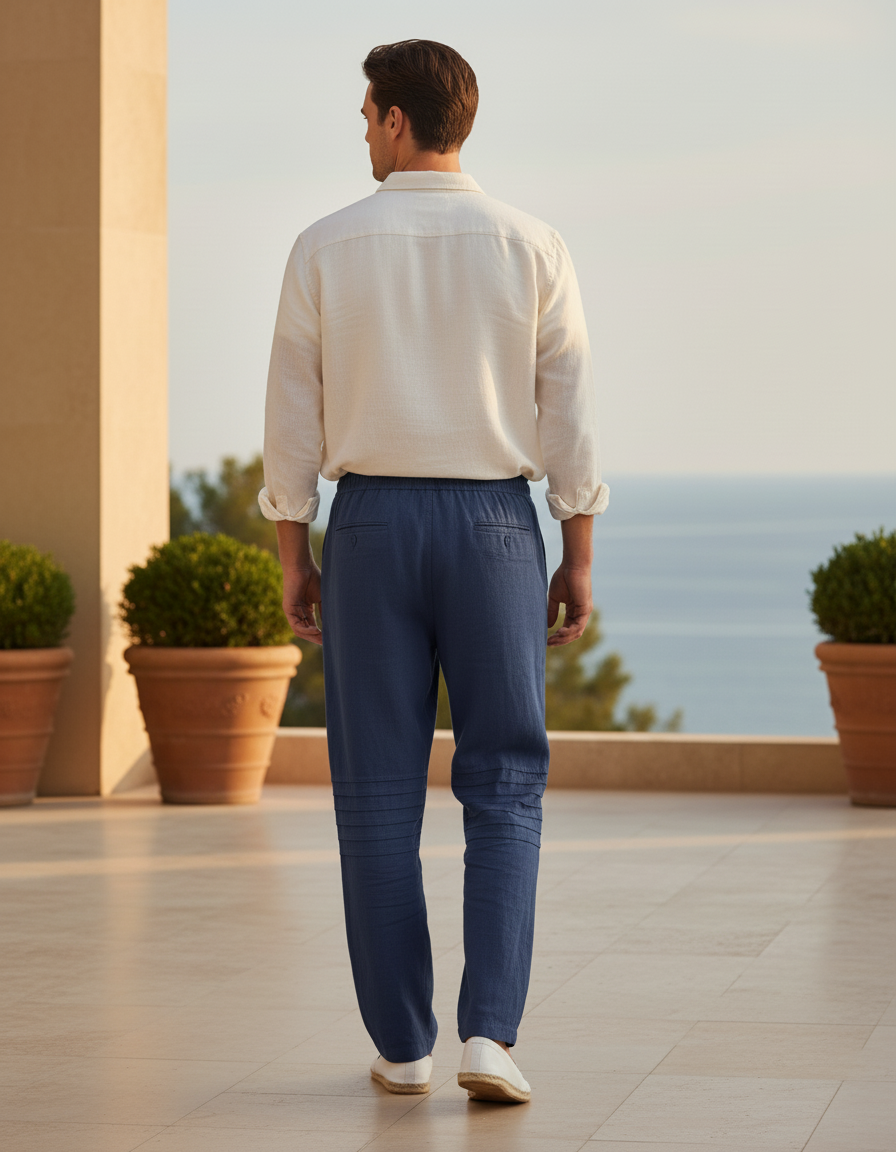 Pantalon En Lin Bleu Marine Ample Cordon Plissé - vue 2