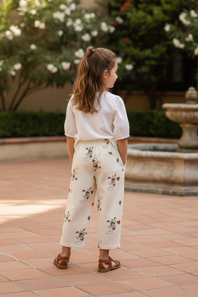 Pantalon En Lin Écru Ample Motifs Rigolos Enfant - Beige - vue 2